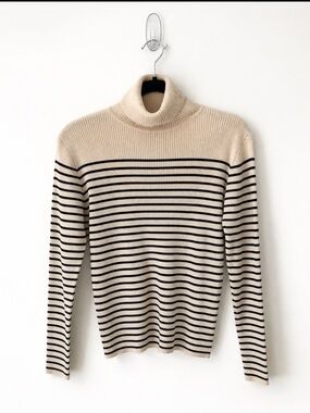 Vintage GAP Striped Turtleneck Sweater | Minimalist Ribbed Knit Cream Black M
